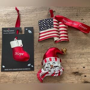 3 Harvey Lewis Swarovski Elements Ornaments - American Flag, Snowman, Stocking